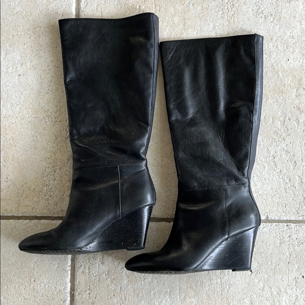 Black Wedge Knee-High Boots